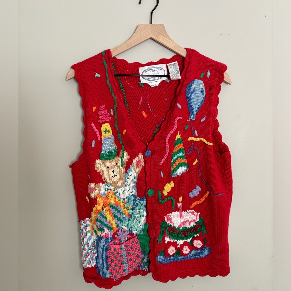 Vintage 90s women’s festive knit sweater vest birthday 1990s Ms frizzle kitsch